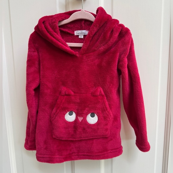 Quiltex 2T Girls Wine Red Plush Hoodie Sweatshirt wit Animal Face - Picture 1 of 6
